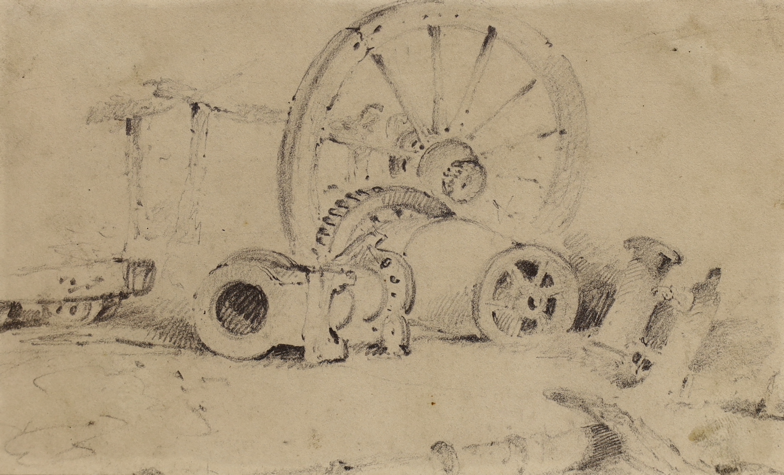 Attributed to Peter DeWint O.W.S. (1784-1849), pencil drawing, Still life of machinery, inscribed in pencil, 10 x 16.5cm, unframed